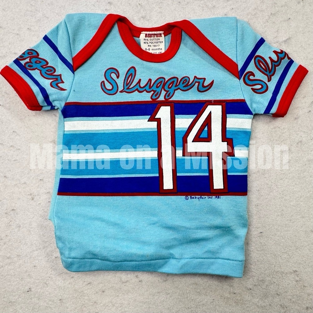 Vintage 1981 Babyfair Baby T Shirt Little Slugger Baseball Star Infant 0-6 Month
